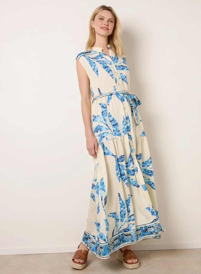 بلو فانيلا Leaf Print Collarless Shirt Dress With Belted Waist